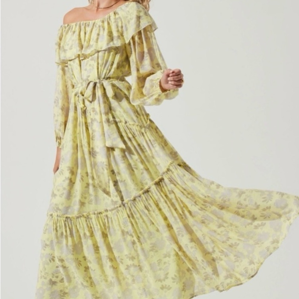ASTR the Label Kaylani Off Shoulder Floral Gray Yellow Maxi Dress Sz S No Tie